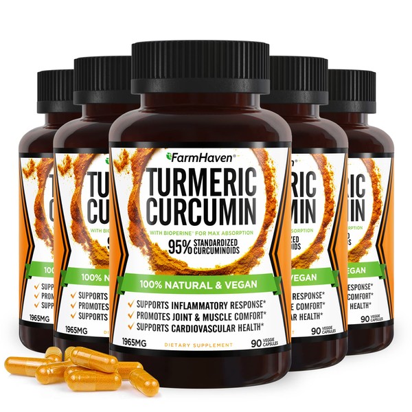 Turmeric Curcumin with BioPerine Black Pepper & 95% Curcuminoids, 1965mg, Maximum Absorption for Joint Support, Non-GMO Turmeric Capsules, Made in USA - 450 Veg Caps