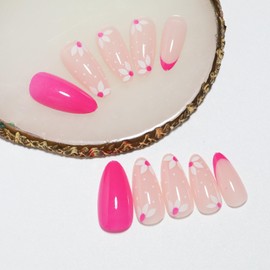 Press on Nails Almond Medium Length-Glossy Full Cover Acrylic Pink French False Nails with Floral Designs Artificial Pointed Almond Fake Nails with Charms Glue on Fingernails for Women Girls