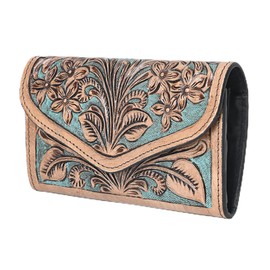 Merbaa Handmade Cowhide Western Leather Wallet for Women | RFID Blocking Wristlet Clutch | Hand-Tooled Floral Carved Bifold Wallet & Credit Card Holder