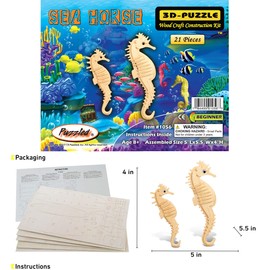 Puzzled 3D Puzzle Sea Horse - Wood Craft Construction Model Kit - Unique Educational DIY Wooden Toy Assemble Model Unfinished Crafting Hobby Sea Life Puzzle Build & Paint for Decoration - 21 Pc Pack