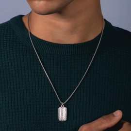 Jewelili Sterling Silver 1/3 Cttw Natural White Round Diamond Dog Tags Mens Pendant Necklace, 22" Box Chain