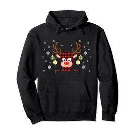 Cute Reindeer Red Plaid Christmas Costume Xmas Deer Pullover Hoodie