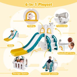 BABY JOY Toddler Slide, 6-in-1 Indoor Kids Slide Playset with Basketball Hoop, Telescope, Climbing Ladder & Storage Space, Freestanding Playhouse & Climber for Kids Aged 1-3 (Yellow)
