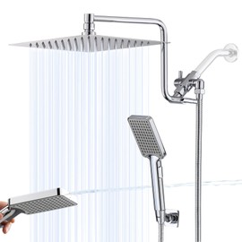 10" High Pressure Rainfall Shower Head with Handheld Combo, Upgrade 12" Extension Arm Height Adjustable, Powerful Stainless Steel Shower Head, Brass Shower Holder Extra Long Shower Hose, Chrome