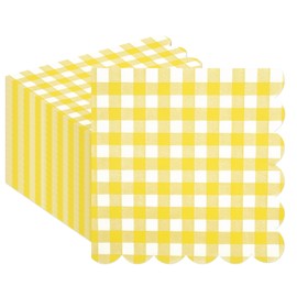 50PCS Yellow Scalloped Gingham Paper Napkins - Yellow and White Striped Luncheon Napkins, Checkered Dessert Napkins, Disposable Decorations Supplies for Birthday Baby Shower Wedding Party