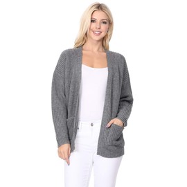 YEMAK Women's Knit Cardigan Sweater – Casual Long Sleeve Open Front Soft Chunky Waffle Knitted Two Pockets Jacket HK8246-GREY-ML