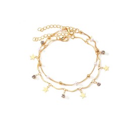 Boho Layered Rhinestone Anklet Crystal Ankle Bracelets Beaded Beach Foot Chain Star Foot Jewelry for Women and Girls (Gold, One size)