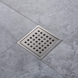 SISEHO 4 Inch Brushed Nickel Shower Floor Drain Square for Bathroom Kitchen Removable Grille Plate Cover with Flange Kit, Sus304 Stainless Steel