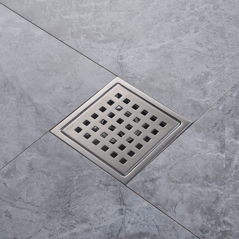 SISEHO 4 Inch Brushed Nickel Shower Floor Drain Square for