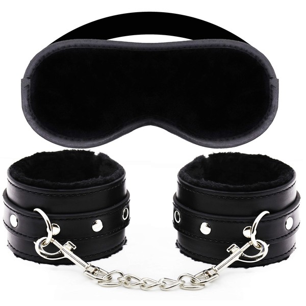 Soft Velvet Cloth Blindfold Eye Mask, Fur Leather Handcuffs Good for Sex Play (Black)