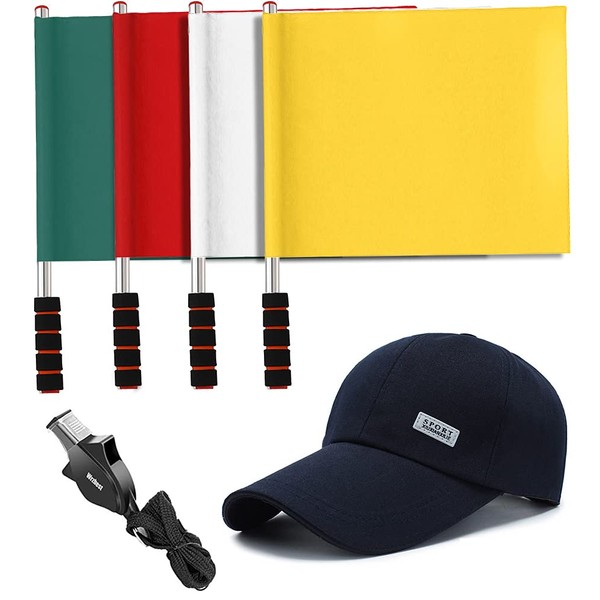 4 Pcs Referee Football Soccer Flag Stainless Steel Command Hand Flag Signal Flags Athletic Competition Flag Track and Field Sports Training Flag with Baseball Hat and Referee Whistle