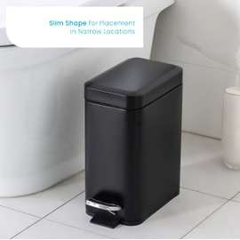 Home Zone Living 1.3 Gallon Slim Bathroom Trash Can, Stainless Steel Body with Lid and Step Pedal, 5 Liter, Matte Black