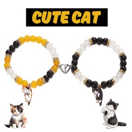 Joiigaem Couples Friendship Beaded Bracelets with Cute Cat Charms, Set of 2 (Black+Yellow)