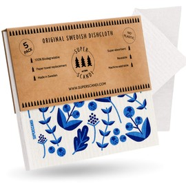 SUPERSCANDI 5 Pack (3 Printed, 2 White Cloths) Patterned Blueberry Swedish Dishcloths Reusable Biodegradable Cellulose Sponge Cleaning Cloths for Kitchen Towel Replacement Washcloths