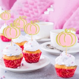 Keaziu Paquete de 24 decoraciones de calabaza rosa para magdalenas, decoración de baby shower, calabaza, decoración de cumpleaños, cupcakes, calabaza, revelación de género