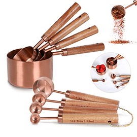 PrettyFine Collection 8 Piece Copper Measuring Cups Set and Measuring Spoons, Golden With fragrant wood Handles-Complete Set of Measure Cups and Spoons For Cooking and Baking.