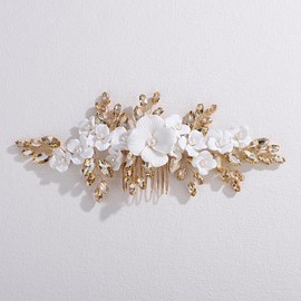 Xerling White Flower Champagne Rhinestone Hair Comb Bridal Wedding Floral Side Comb Women Hair Accessories Headpiece Head Jewelry for Brides Prom Gift (Champagne)