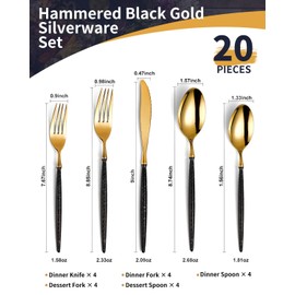Lemeya 20-Piece Hammered Black Gold Silverware Set,18/10 Stainless Steel Forging Heavy Duty Cutlery Set for 4, Luxury Unique Flatware Set,Spoons and Forks Set,Mirror Polished,Dishwasher Safe
