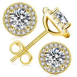 KRKC Moissanite Stud Earrings for Women, 0.5 1CT Lab Created Diamond Earring with 14K White Gold Plated S925 Sterling Silver Gift for Girlfriend, Wife, Mom (14K Gold, 6.5mm(2.0ct.tw))