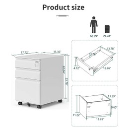 Sanoolir 3-Drawer Mobile File Cabinets Rolling, Vertical Metal Filing Cabinet for Legal & Letter File Anti-tilt Design with Lock Under Desk Office Drawers Fully Assembled (White)