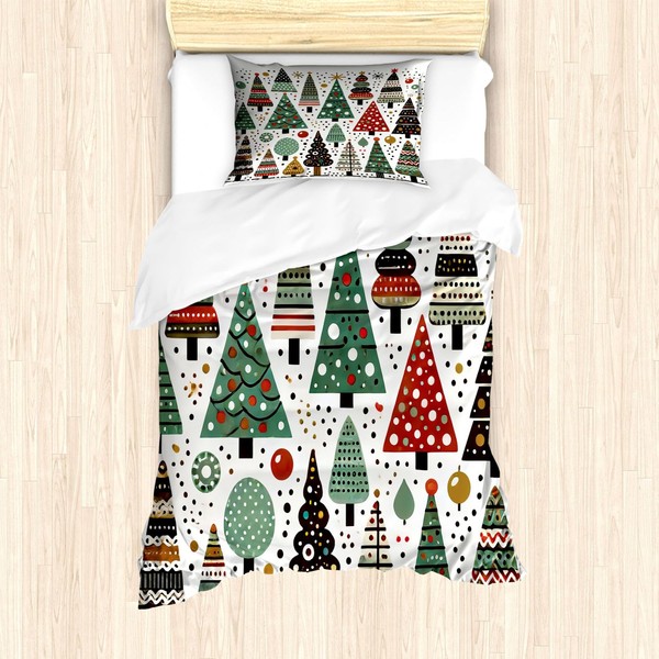 Ambesonne Christmas Duvet Cover Set, Simple Starry Woodland Pine Trees