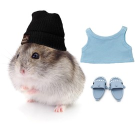 KnocKconK Hamster Costume Set with Shirt, Hat, Shoes, Small Animal Cute Shark Slipper for Real Pets, Cute Mini Rat Holiday Party Clothes, for Fun, Photos. (Blue)