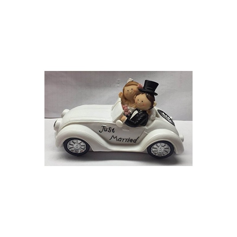 Beautiful piggy bank, money box, wedding couple in convertible