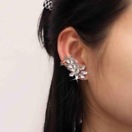 Erimberate Bohemian Crystal Flower Ear Cuff Earring Gold Cz Cartilage Earring Crystal Paved Leaf Climber Earring Rhinestone Flower Cuff Earring Jewelry for Women Gifts