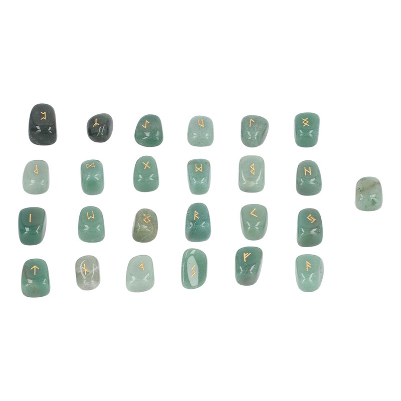 25pcs Rune Stones Set Hand Carved Polished Green Aventurine Portable