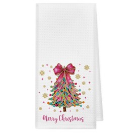 kunlisa Colorful Christmas Tree Kitchen Towels, Girly Christmas Decor Dish Tea Towels, Coquette Bow Glitter Xmas Tree Decorative Hand Towel for Bathroom, 16x24 Inch