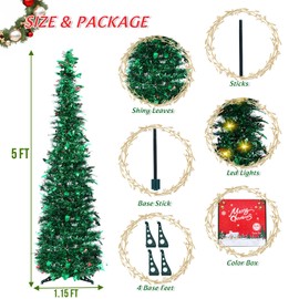MUMTOP Pop Up Christmas Tree with Lights-Collapsible Christmas Tree - 5FT Pencil Tinsel Skinny Tree with Star Sequin for Indoor Outdoor Home Party Decor(Green)