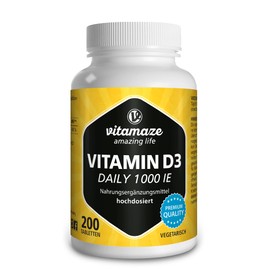 Vitamin D3 1000 IE hochdosiert & vegetarisch, 200 Tabletten zur Dauerversorgung, 25 mcg reines Cholecalciferol, Natürliche Nahrungsergänzung ohne Zusatzstoffe