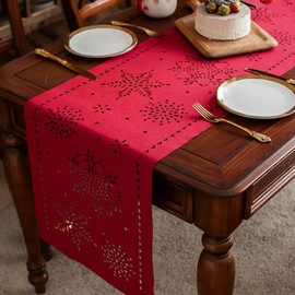 ARTABLE Christmas Table Runner Burgundy Hollow Snowflakes with Laser Die-Cut Exquisite Rectangle Vintage Patterns Shabby Chic for Holiday Wedding Long Dinner Tables Indoor Outdoo (16 x 104 Inch, Red)