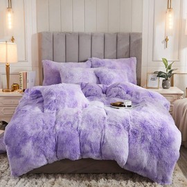 Uhamho Tie Dye Printed Faux Fur Bedding Set Modern Abstract Shaggy Plush Duvet Cover with Pillow Shams, Ultra Soft Warm (King, Tie Dye Lilac)