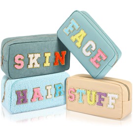Kajaia 4 Pcs Nylon Preppy Makeup Pouch Letter Cosmetic Toiletry Bag Chenille Cute Makeup Bags for Women Travel Pouch Zipper Preppy Makeup Bag for Teens Girls Women (Simple Color)