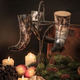 Genuine Viking Drinking Horn Set (3) with Adjustable Iron Display Stand - 12" Ale Horns Included