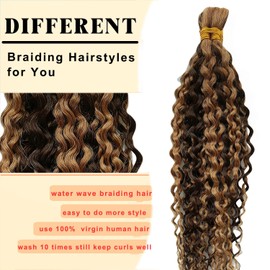 Ombre Braiding Hair 2 Bundle 100g 4/27 Human Braiding Hair Deep Water Wave Honey Blonde Braiding Hair Highlight Bulk Human Hair 12A Brazilian Brown Bariding Hair (4/27#-Water Wave, 20 Inch)