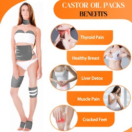 9 Pcs Castor Oil Pack Wrap Organic Cotton for Stomach Liver Detox Belly Feet Knee Neck Breast, Reusable Castor Oil Pads Kit for Hot/Cold Compress with Adjustable Elastic Strap & Laundry Bag
