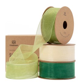 Vitalizart Cream & Green Series Organza Ribbon 1'' x 30YD (3 Rolls*10YD), Sheer Fabric for Crafting, Wide Gift Ribbons for Gift Wrapping, Christmas Tree, Decoration, Wedding Invitation