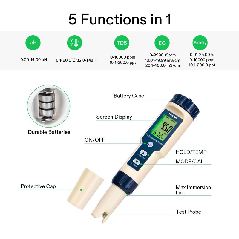 VIVOSUN 5-in-1 Digital PH Meter with PH/Salinity/TDS/EC/Temperature Function, Backlight Screen,