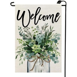 Welcome Spring Garden Flag Green Floral Mason Jar 12x18 Inch Double Sided for Outside Burlap Small Seasonal Summer Yard Decoration CJ15