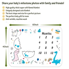 Baby Monthly Milestone Baby Blanket for Boy Girl, Dinosaur Shell Breaking Flannel Fleece Plush Newborn Infant Photo Blanket | for Pictures Photography for Newborn Boys & Girls New Mom Gifts (Blue)