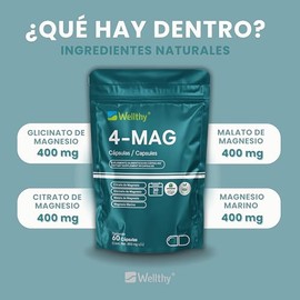 Wellthy 4-MAG Magnesio Complex 60 Cápsulas. Equivalente a 360mg de Magnesio. Citrato de Magnesio, Glicinato de Magnesio, Malato de Magnesio y Magnesio