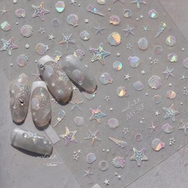 Summer Seashell Starfish Nail Art Stickers Shiny Shell Light Marine Life Nail Decals 5D Acrylic Engraved Nail Stickers Ocean Theme Summer Nails Design Adhesive Sliders for Women Girl Manicure Nail Art