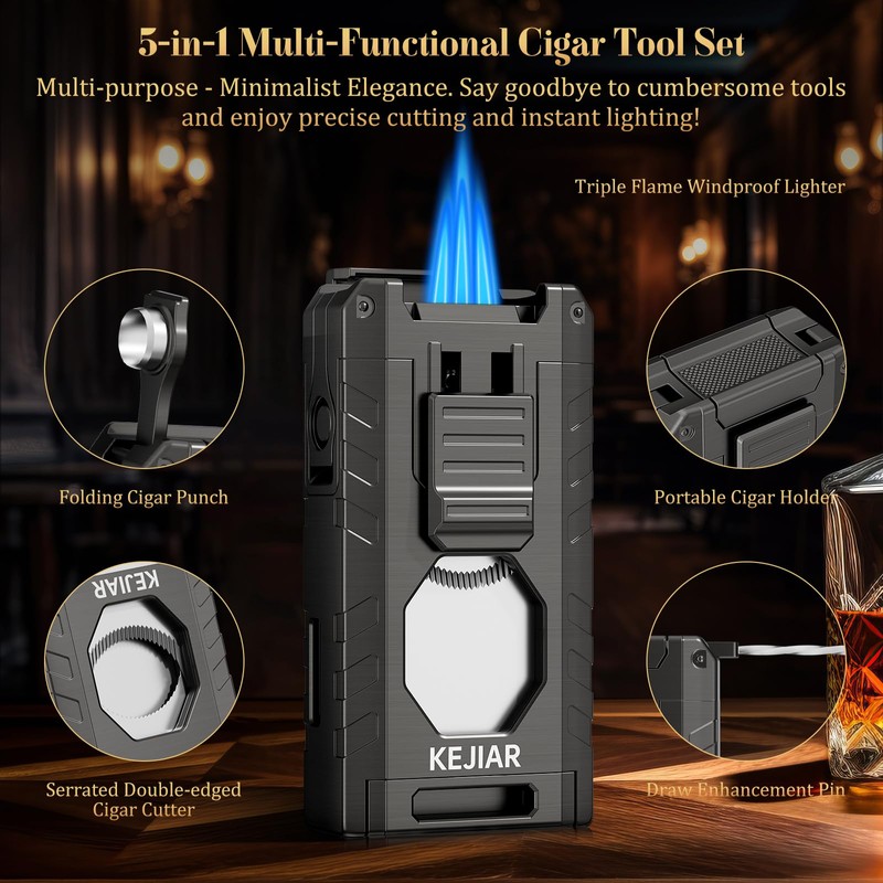 KEJIAR Cigar Lighter, Cigar Torch Lighter, 3 Jet Flame Butane