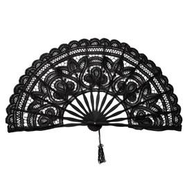 burkfeeg Hand Fan, Single Layer Hand Fan with Tassel, Foldable Wedding Fan, Wooden Folding Fan, Black Lace Hand Fan for Party, Bridal Wedding Decoration