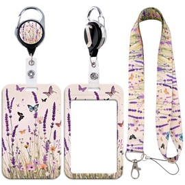 Purple Flower Lanyard with Sliding ID Card Holder Self Retracting ID Badge Holder Colorful Butterfly Name Tag Lanyard Keychain Clip for School Teacher Office Work Badges