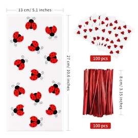 Lecpeting 100 Pcs Ladybug Treat Bags Ladybug Cellophane Candy Bags Ladybug Party Favor with Twist Ties for Theme Birthday Party Supplies