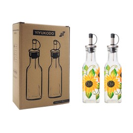 YIYUKODO 7oz Hand Painted Glass Olive Oil Bottle Dispenser - 200ml Green Oil & Vinegar Cruet with Pourers - Olive Oil Carafe Decanter for Kitchen (Sunflower)