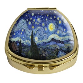 Gixpop Pill Box Starrynight Van Gogh Style Pill Case Pocket Purse Portable Travel Tablet Holder Organizer Glass Cover Decorative Fan Shap